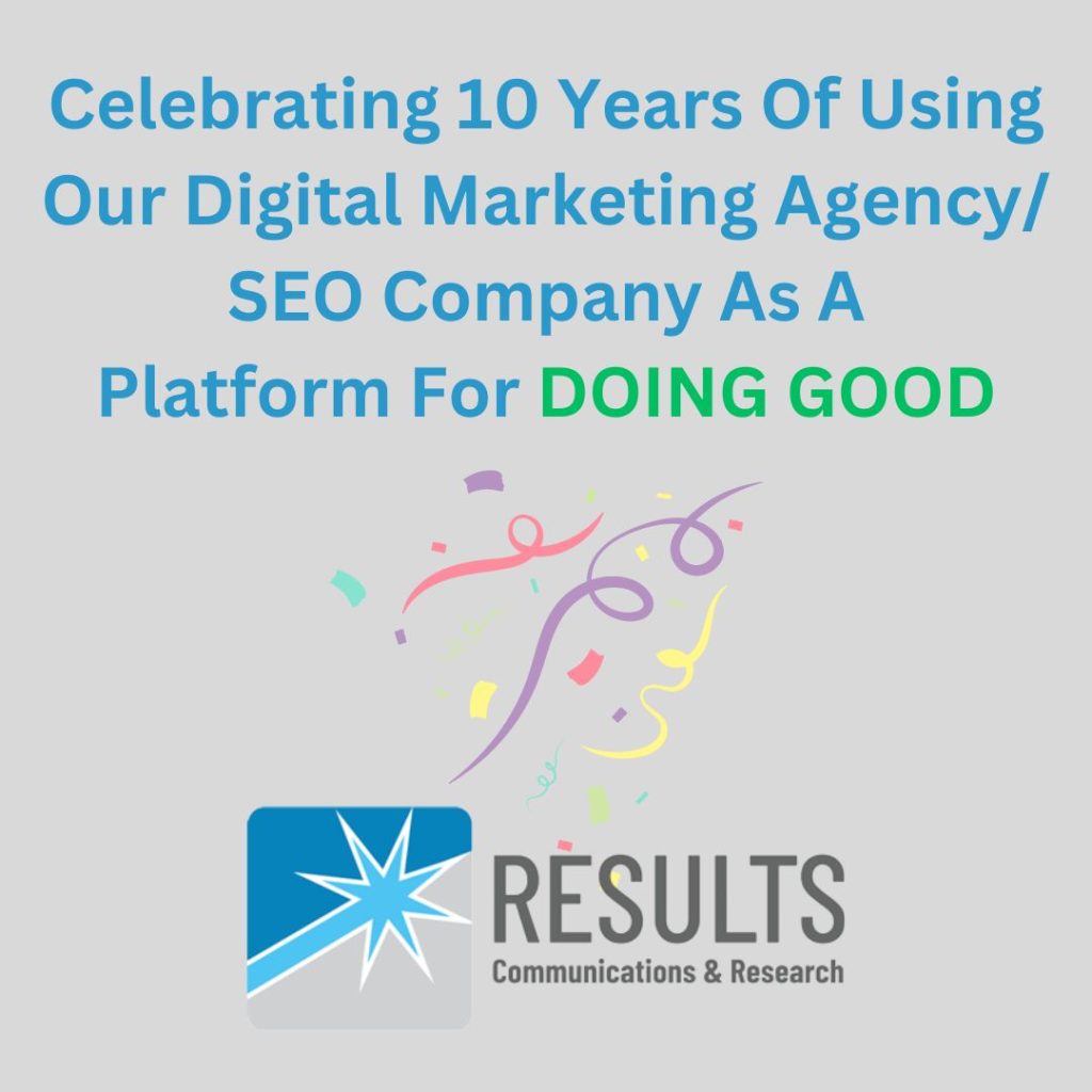 This image is a light gray square one with the words "Celebrating 10 Years Of Using Our Digital Marketing Agency/SEO Company As A Platform For Doing Good." The image contains some colorful confetti in the middle and the logo of our Boston Marketing Agency, Results Communications and Research at the bottom.
