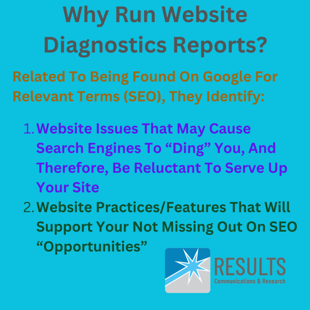 Powder blue/turquoisey square image that says "Why Run Website Diagnostics Reports? Related To Being Found On Google For Relevant Terms (SEO), They Identify: 1. Website Issues That May Cause Search Engines to "Ding" You, and Therefore, Be Reluctant To Serve Up Your Site 2. Website Practices/Features That Will Support Your Not Missing Out On SEO "Opportunities." The image also includes the logo of our SEO consulting firm, Results Communications and Research.
