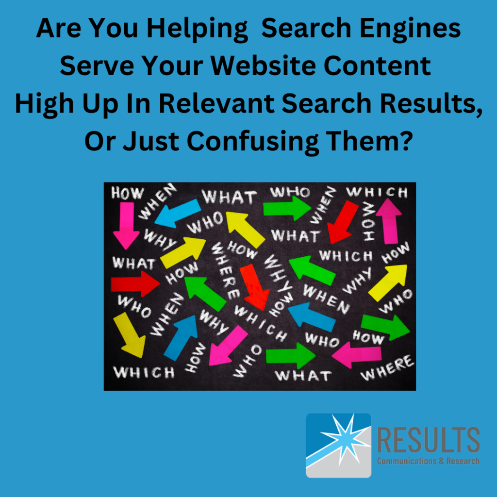 This is a dark powder blue/turquoise-colored square image. The image reads "Are You Helping Search Engines Serve Your Website Content High Up In Relevant Search Results, Or Just Confusing Them? The image contains a diagram that shows brightly colored arrows going in all direction that are labeled, what, how, when, who, where, why, etc. The image also contains the logo of our Boston SEO Company, Results Communications and Research.