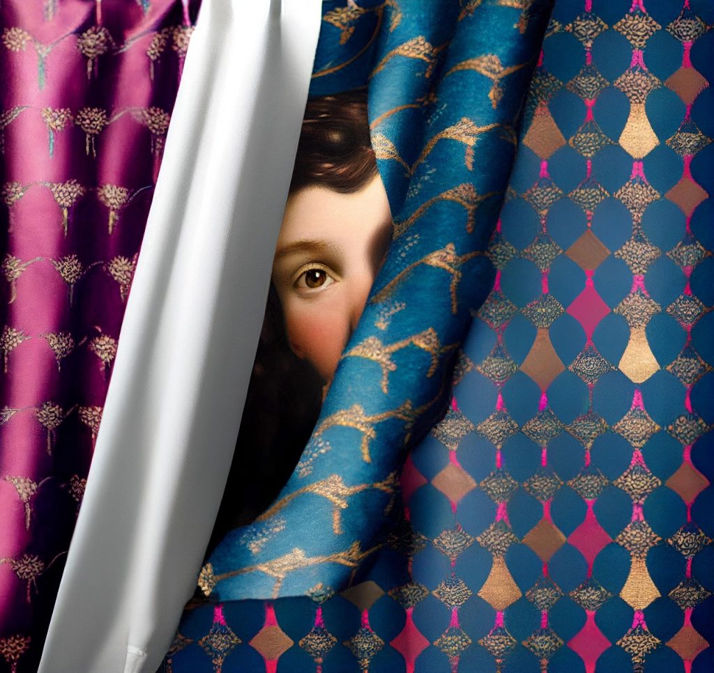This image shows part of the face and only one eye of a boy with dark hair and dark eyes peeling back brightly colored blue, gold, and purple curtains to look out the window.