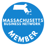 This is a turquoise circular image that has a white image of the state of MA in it, plus the words "Massachusetts Business Network Member" in white